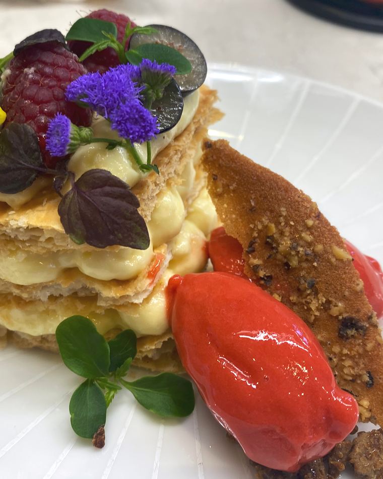 Mille-feuille with red sorbet and edible flowers