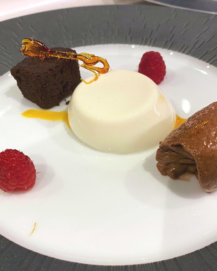 Panna cotta with chocolate and raspberry